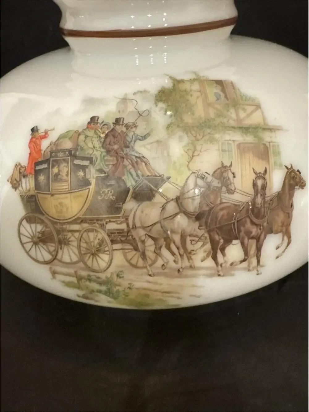 Vintage Milk Glass Lamp Shade With 3x Stagecoach Horse Scenes 9.75” Fitter
